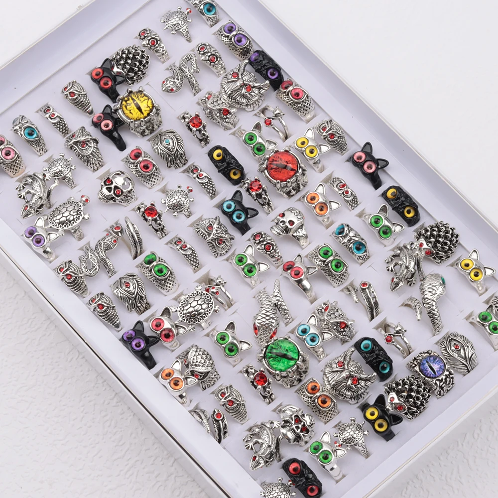 20Pcs/Lot Vintage Punk Snake Dragon Animal/Skull/Owl Eye Adjustable Rings for Men and Woman Mixed Open Hip Hop Gothic Party Gift