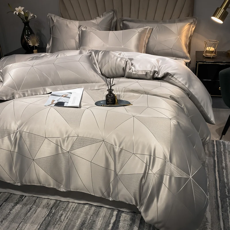 2024 new double-sided geometric pattern  washable silk cool silk bed sheets quilt covers pillowcases 4pcs set machine washable