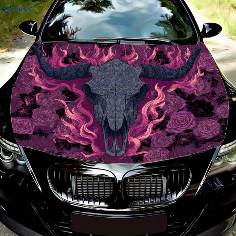 

Pink Purple Flame Sheep Horn Skeleton Car Hood Wrap - Durable, Waterproof, And UV-Resistant PVC Sticker For Trucks, SUVs, And Bo