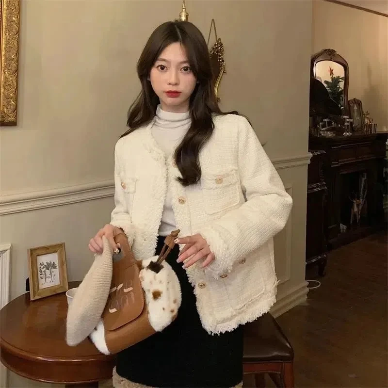 

Korean Black White Cropped Jakcet Women Fashion Single Breasted Vintage Tweed Coat Ladies Office Long Sleeve Simple Outwear