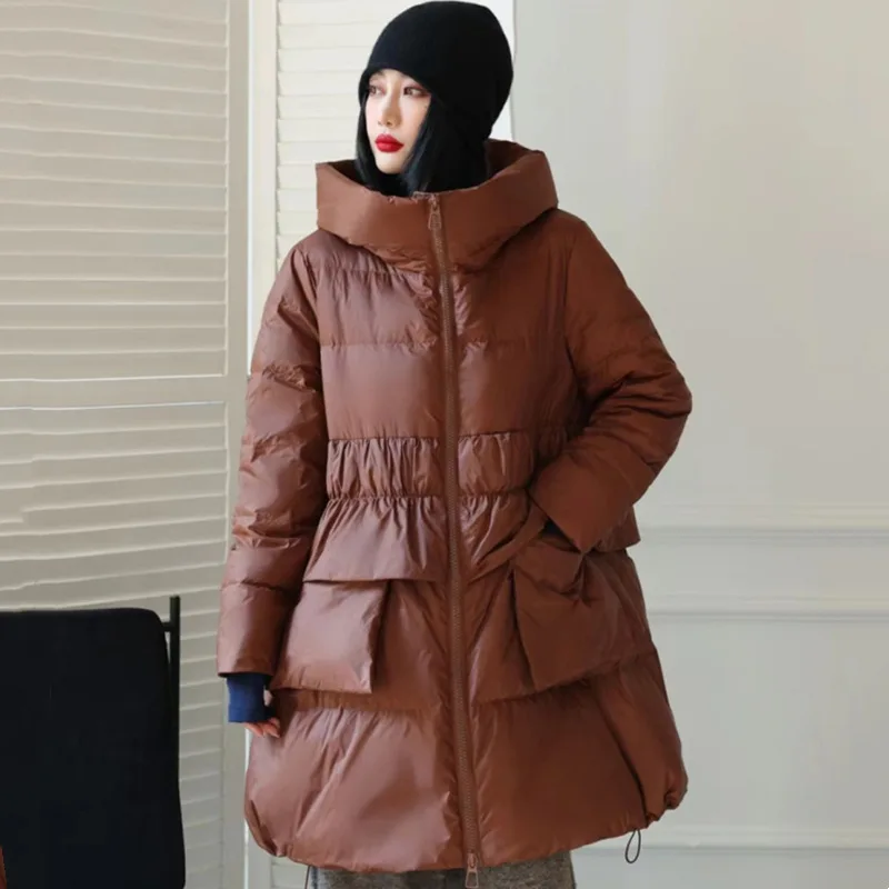 2024 Winter New Medium-length Down Jacket Women Loose Big Size Hooded Wood Ear Edge Splicing Puffer Jacket Winter Coat Women