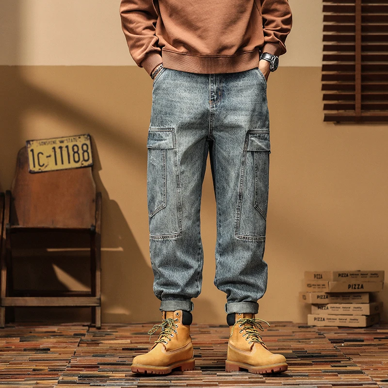 

American Sle Heavyweight Retro Workwear Jeans Men's Loose Straight Leg Large Size High Street Big ket Casual Long Pants