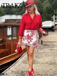 TRAFZA Female Sexy Asymmetrical Mini Skirts Flowers Red Print High Waist Bow Lace-Up Decorate Summer Slim Skirts 2024 Trendy