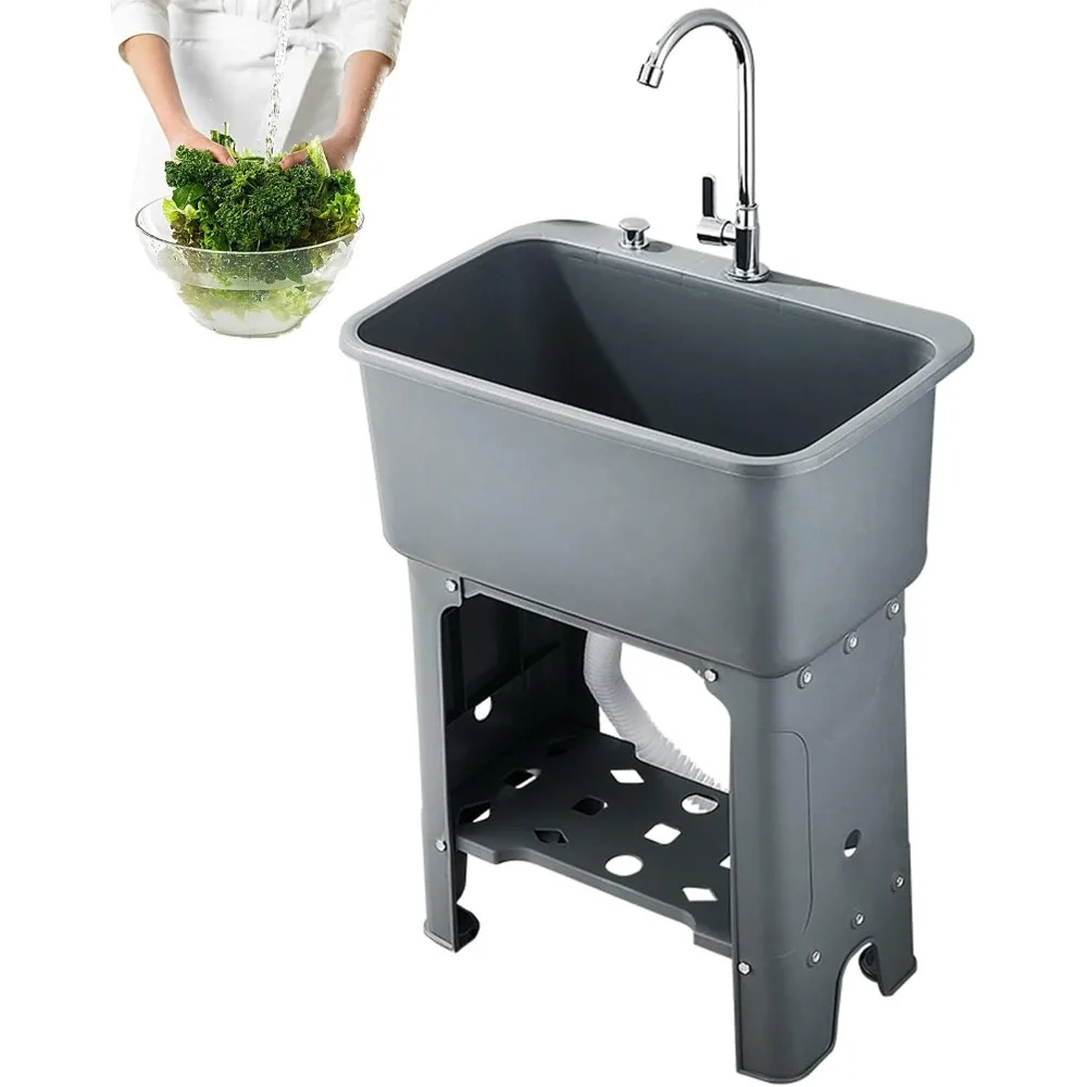 Laundry Sink with Faucet and Plastic Sink Large Capacity Kitchen Sink Commercial Utility Slop Sinks for Washing Room Basement
