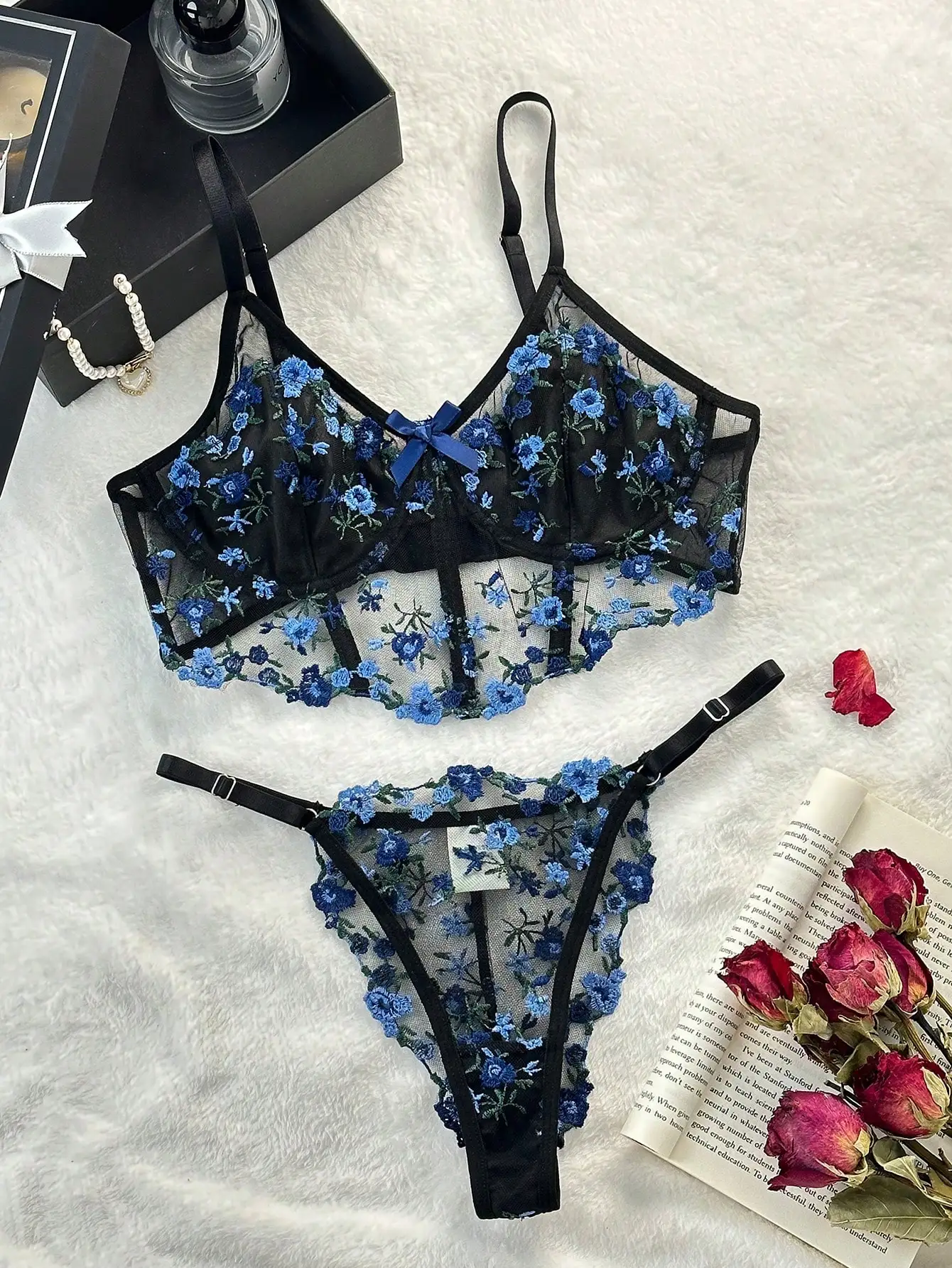 Floral Embroidery Lingerie Set Women Boho Sensual Erotic Sexy 2-Piece Bra + Panty Underwear Set 2024 Lace Sexy Erotic Costumes