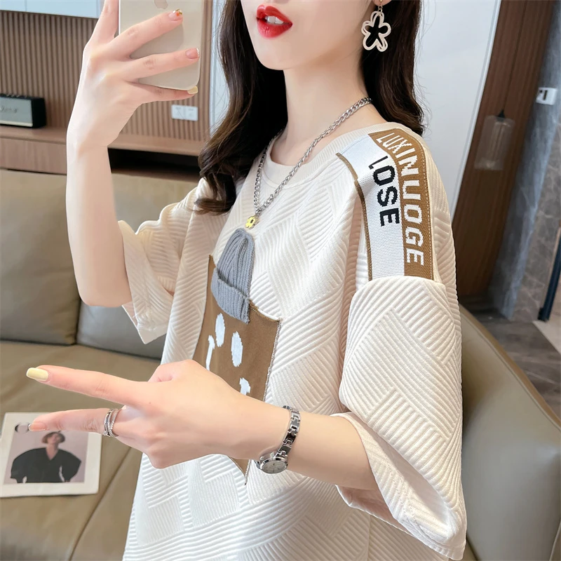 Woman T-shirt Jacquard Weave Summer Korean Casual O-Neck Patchwork Solid Female Fashion Loose Half Sleeve Tops Women's Clothing