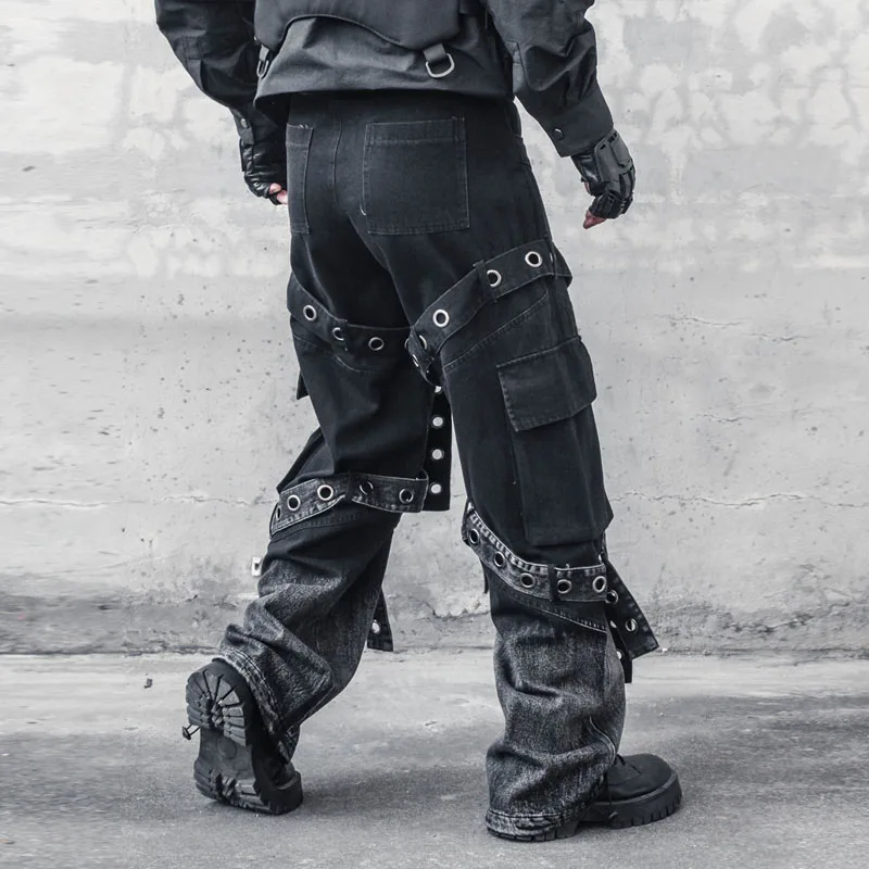 Wasteland Wind Detachable Ribbon Gradient Jeans Designer Design Heavy Trousers Wide-Leg Overalls Fashion
