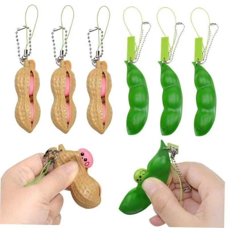 2 unidades Llavero de juguete antiestrés de soja con forma de vaina, juguetes sensoriales de frijol para TDAH, regalo para niños y adultos