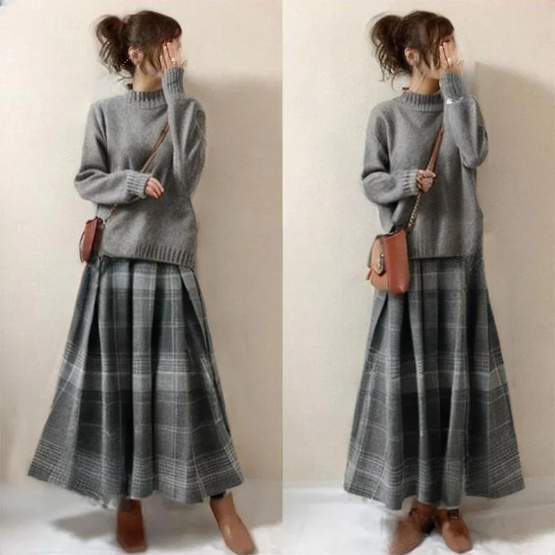 

ay High Collar Sweater Plaid Skirt Two Piece Set Autumn Winter New Arrival Japanese Sle Women's Faion Ensemble