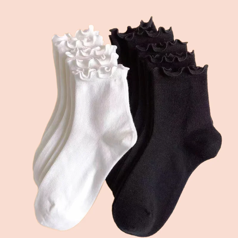 

5 Pairs Black White Novelty Funny Ankle Socks Cute Solid Cotton Breathable Fashion Crew Sock Women Ruffle Frilly Socks