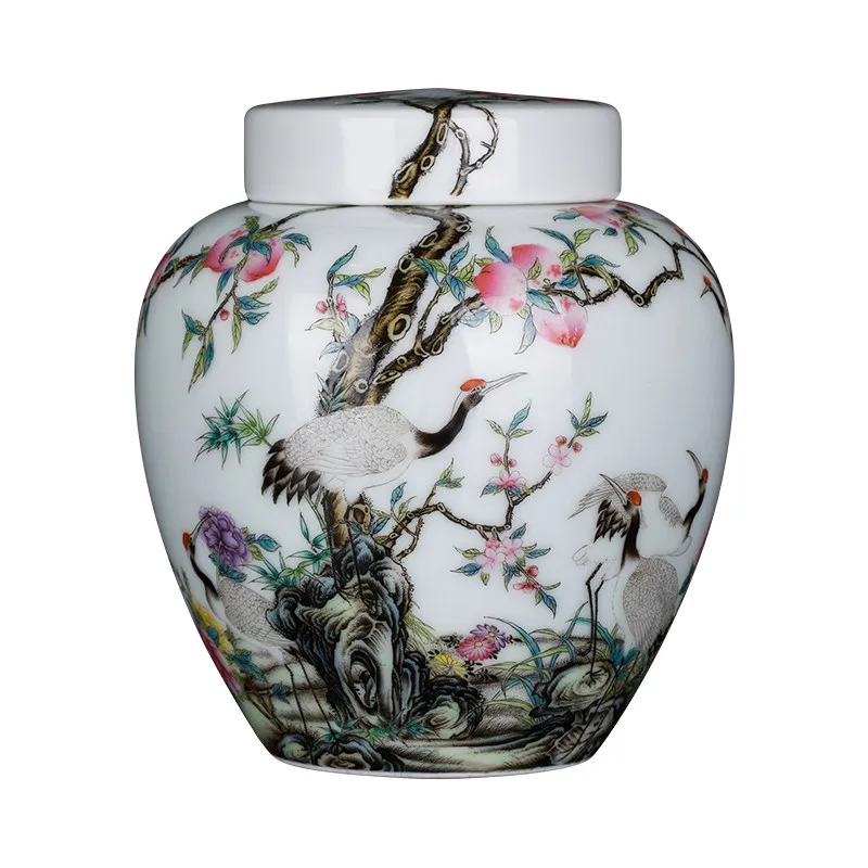 Enamel color crane longevity peach ceramic jar high-end boutique household large
