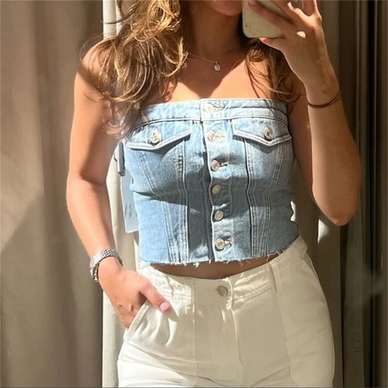 Women Denim Strapless Bandeau Top Backless Bustier Cropped Jean Buttons Tube Tank Top Elastic Back Y2K Vintage Blouse Streetwear