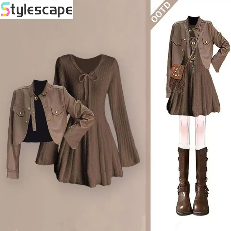 

Maillard Wasteland Style Dress, Children's Clothing, Autumn Fashion, Wearing Spicy Girl Leather Jacket, Outerwear, Dress Y2k