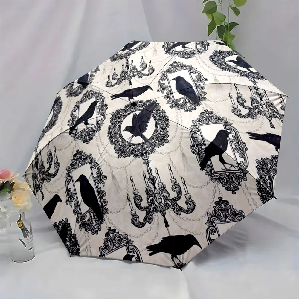 1PC Raven Pattern Umbrella with Elegant Frame and Chandelier Art Print 8 Iron Ribs Folding Umbrella Auto-Open Fashion Sunshade