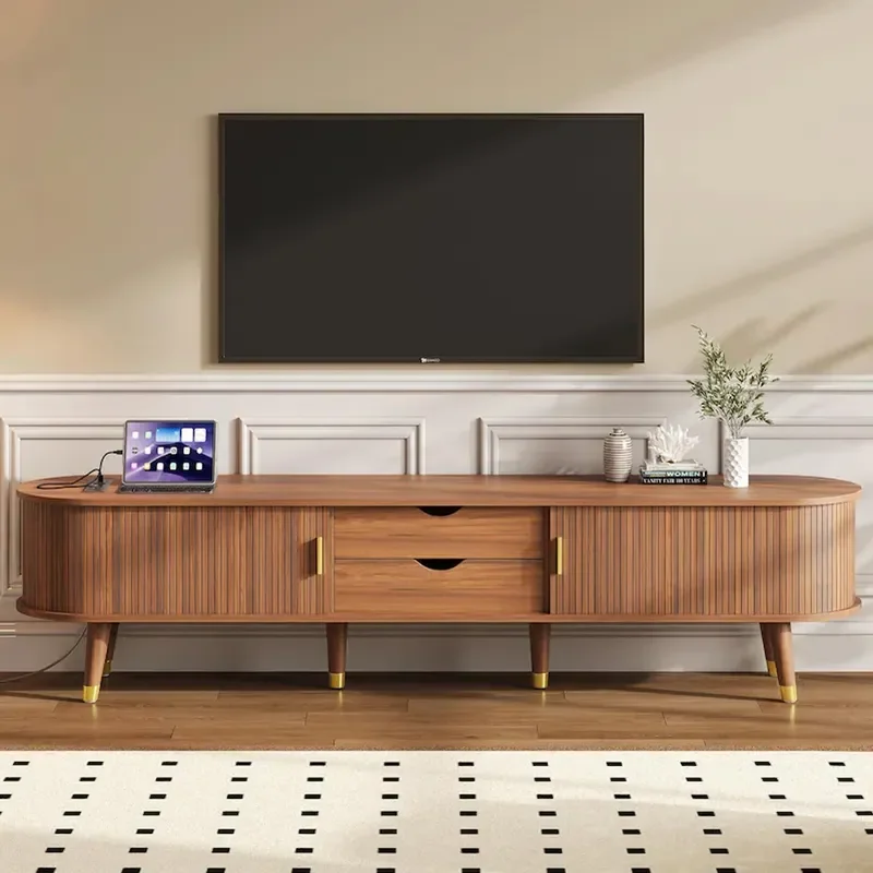for New Custom Medieval Wood Living Room Multi-function Oval TV Cabinet with Socket and Rolling Shutter Sliding Door