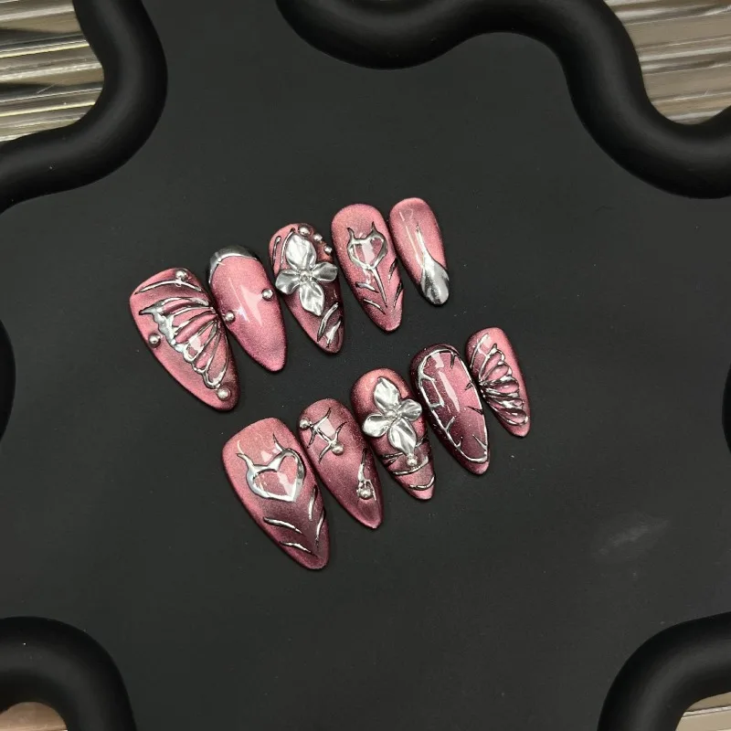 

10PCS Handmade Press on Nails Pink Silver Contrast Hand Painted Butterfly Flower Design Luxury False Nails Elegant Korean Style