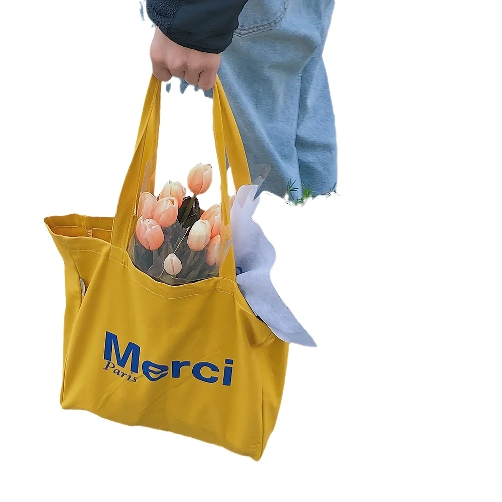 Gelbe Canvas-Einkaufstasche mit großer Kapazität, tragbare Pendler-Handtasche für Studenten, Büroangestellte, vielseitige Einzelschultertasche, Heim-Shoppi – Detail 6