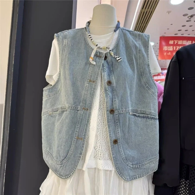 

Feminine Loose Korea Chic Denim Vests New O Neck Sleeveless All-match Jackets Slim Premium Age Reduction Personalized Top
