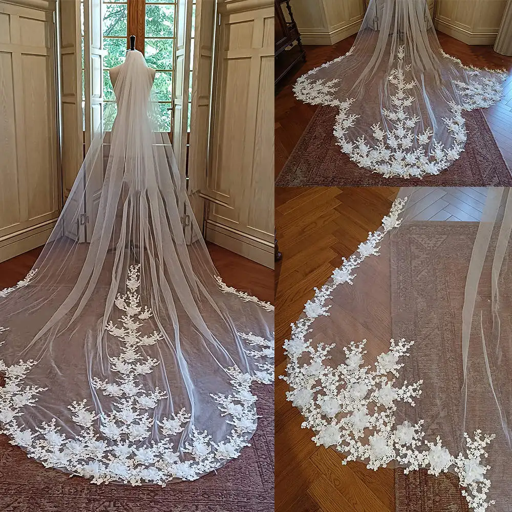 Wedding Veil For Bride Appliques Flower 3M Long Special Cut Royal Bridal Veil with Comb Veil Wedding Accessories