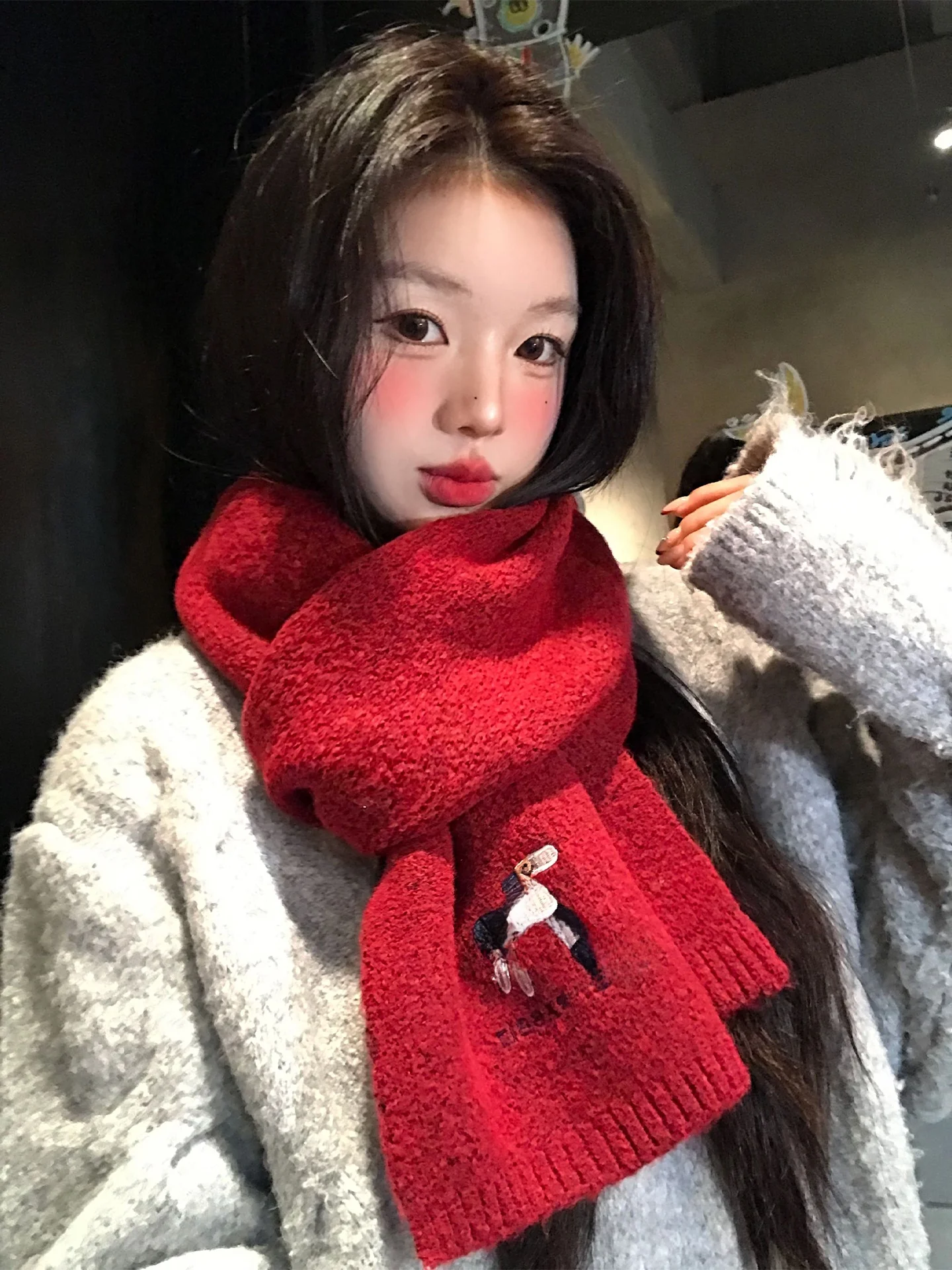 厚手のニットスカーフ-レディース-冬用-首を守る-暖かい-お祝いの赤色-馬年デザイン-韓国風-長方形