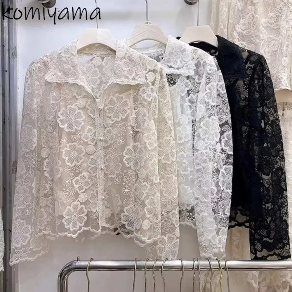 

2025 Lace Embroidery Floral Shirts & Blouses Laple Neck Long Sleeve Blusas Mujer Temperament Zip Woman Clothing Ropa Camisas