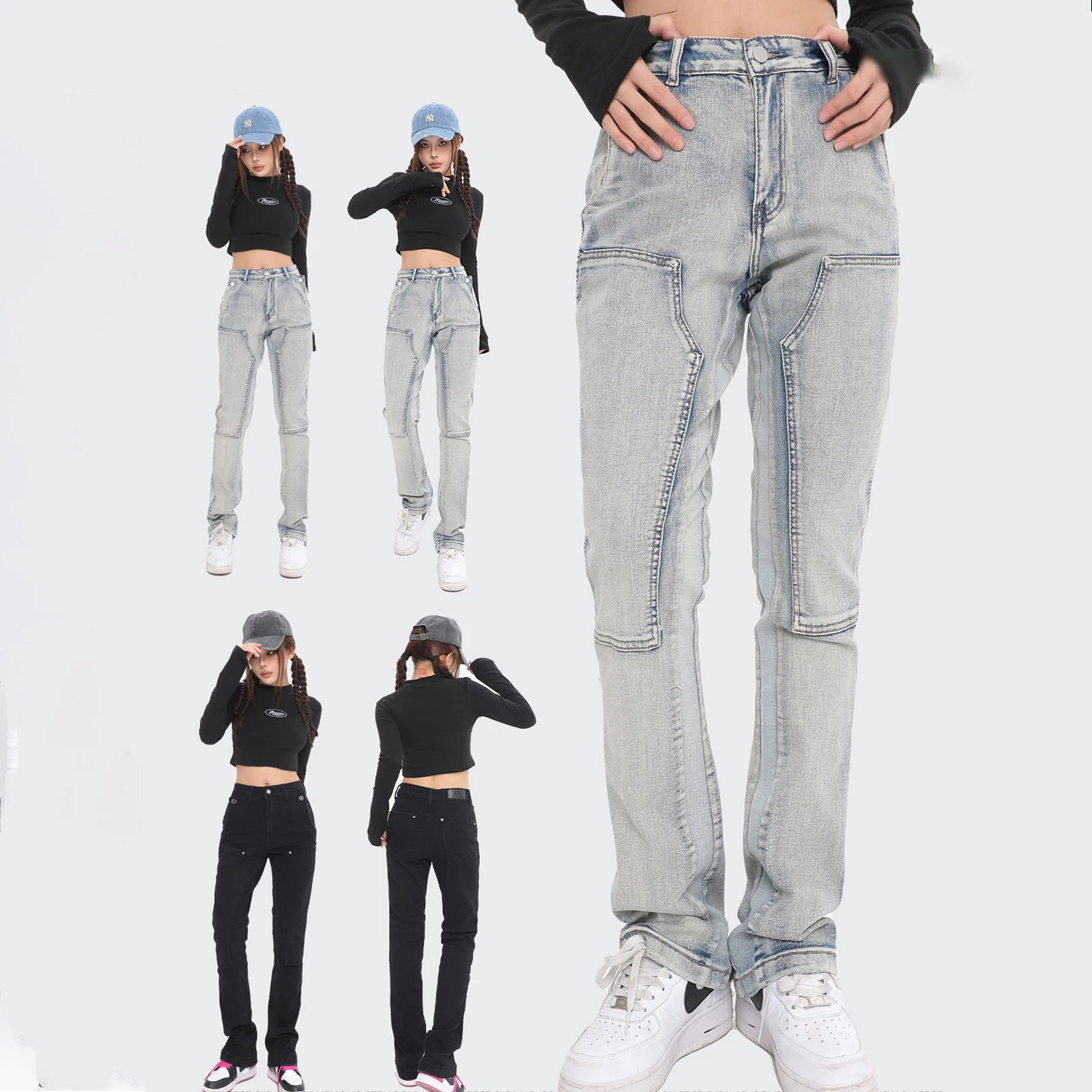 

New Denim Hem Micro Flare Mid Waist Slimming Black Blue Denim Pants Washable Trend American Women's Pants