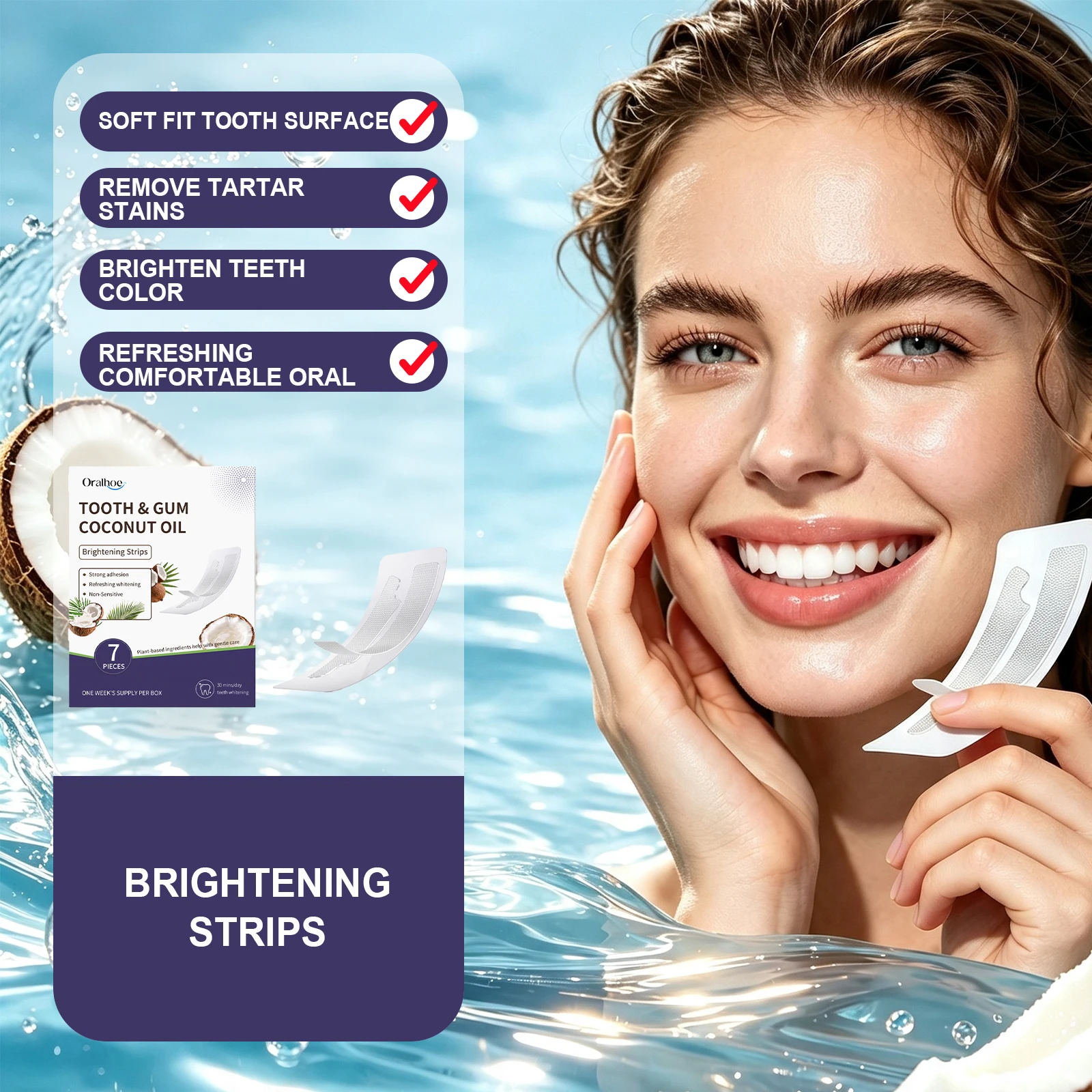 Coconut Oil Teeth Whitening Strips Plant Based Brighten Fresh Breath Strong Adhesion Non Sensitive Gum Care Stain Remove Patches