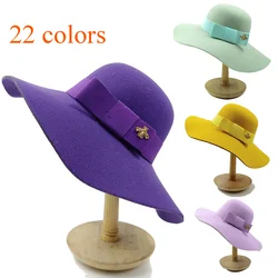 New Autumn Winter Women Girls Bowler Hats Elegant Soft Vintage Felt Fedoras Fashion Solid Ladies Floppy Hat Wide Brim Dome Cap