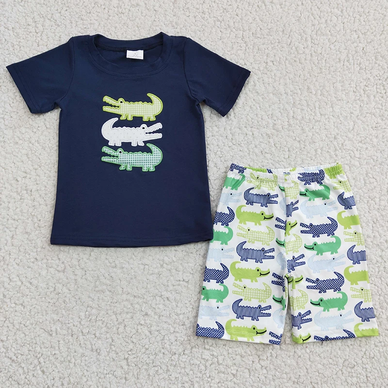 Wholesale Baby Boy Summer Set Short Sleeves Embroidery Alligator Cotton Clothes Shirt Tee Kid Shorts Children Hunting New Outfit