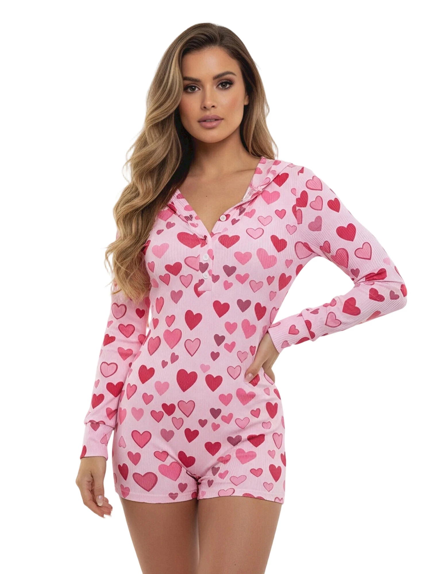 

Женский комбинезон-пижама на День святого Валентина с романтическим принтом в виде сердец, с длинными рукавами, капюшоном и шортами, удобная одежда для сна