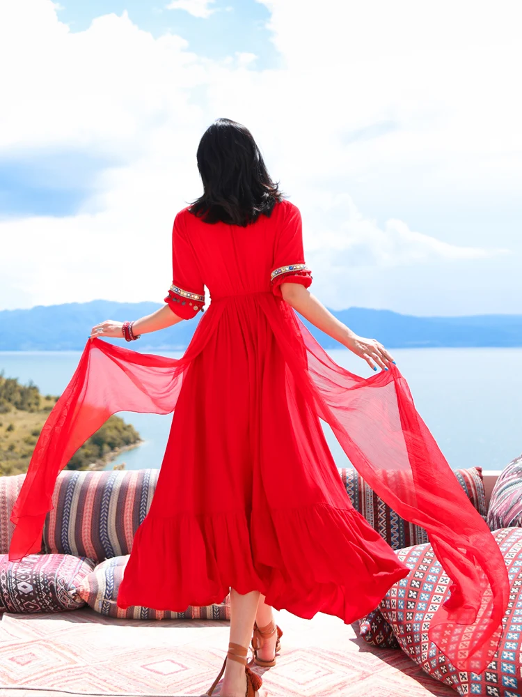 Ele Long Red Dr Skirt for Women Desert Ethnic Sle Photoaphy Tourist Wear V-Ne High Waist Polyester Fiber