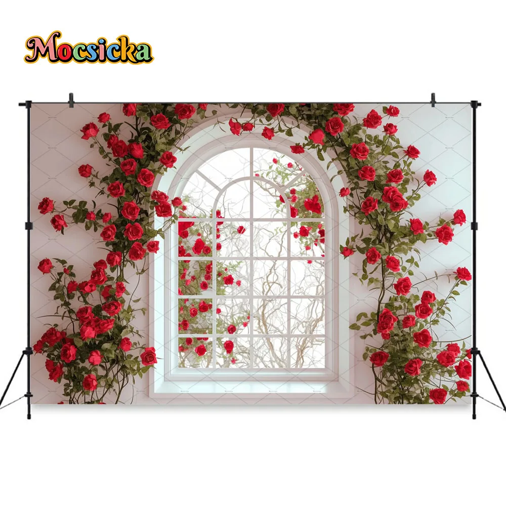 Mocsicka Fondo de pared de flor rosa roja fotografía Día de San Valentín ventana telón de fondo decoración niña cumpleaños boda estudio fotográfico