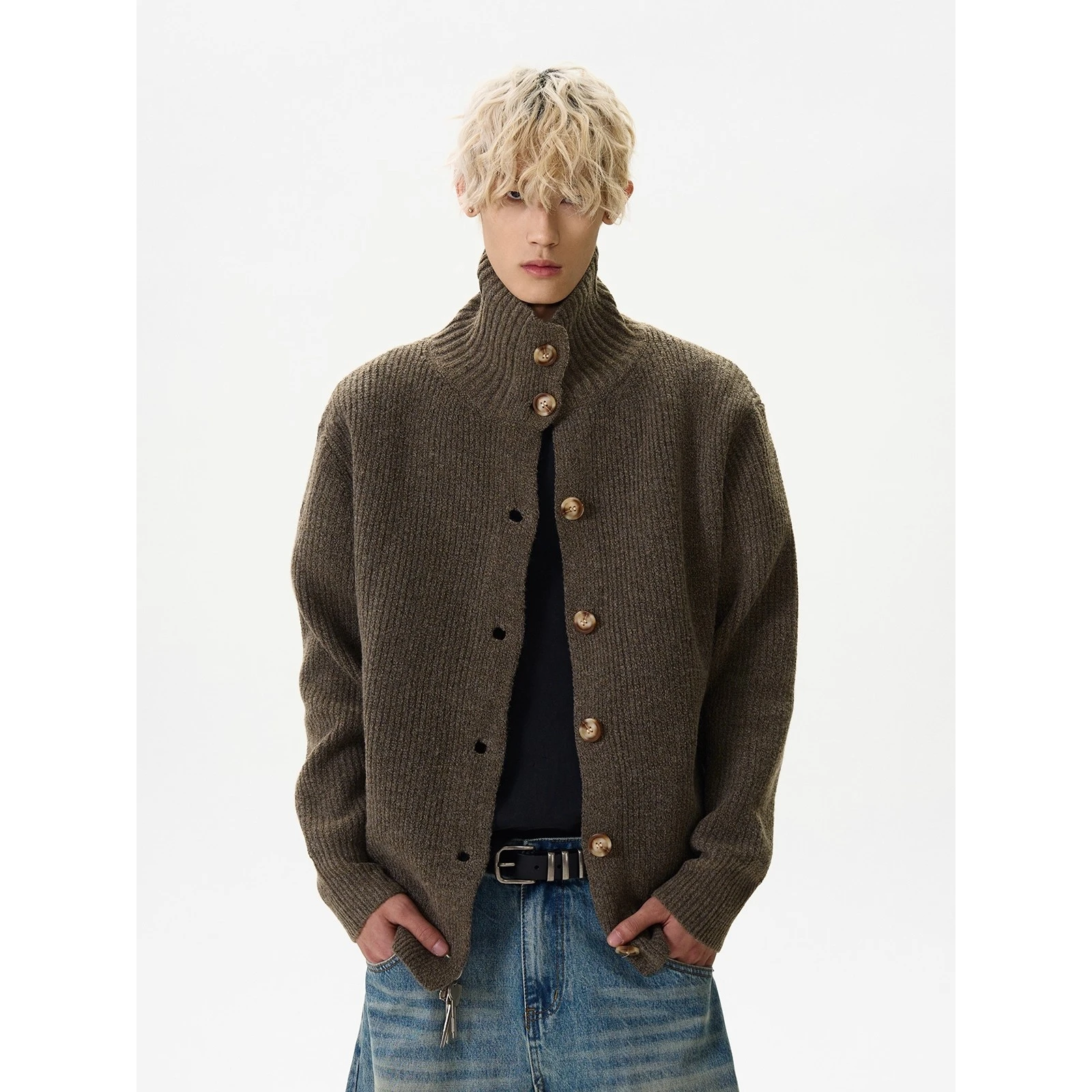 

Retro American Aosphere Button Stand Collar Cardigan Sweater Men's Autumn Winter Lazy Knitted irt Trendy Loose Fit Sle