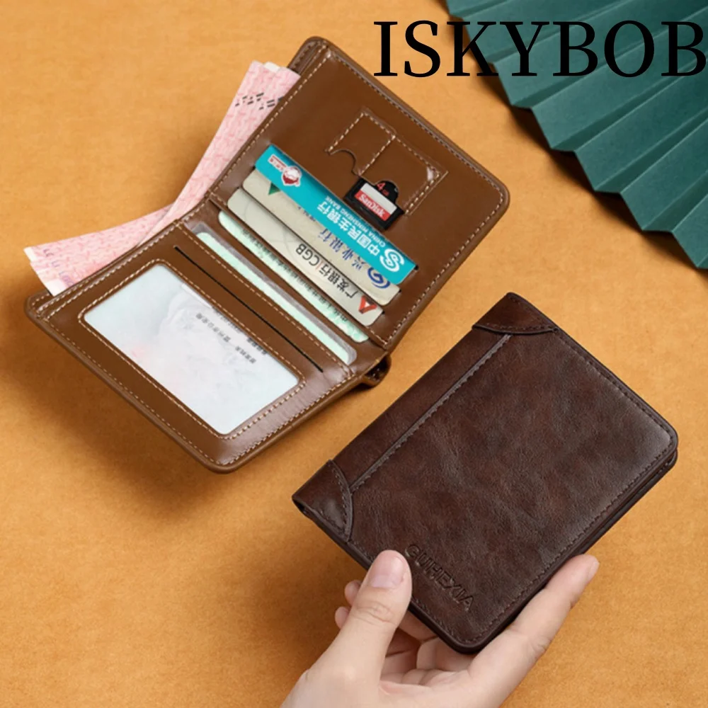 

ISKYBOB Vintage Men's Wallet Driver's License Credit ID Card Holder Fashion Business PU Leather Solid Slim Coin Purse Hombre