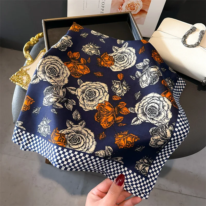 Fashion Luxury Brand Silk Shawl Square Scarf Women Hijab Flower Print Scarves Wraps Neckerchief Hair Ribbon Headband Bandana
