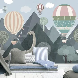 Custom 3D Mural Wall Wallpaper Fashion Dinosaur Mountain Forest Hydrogen Balloon Cute Cartoon Children's Room Background Fresco
