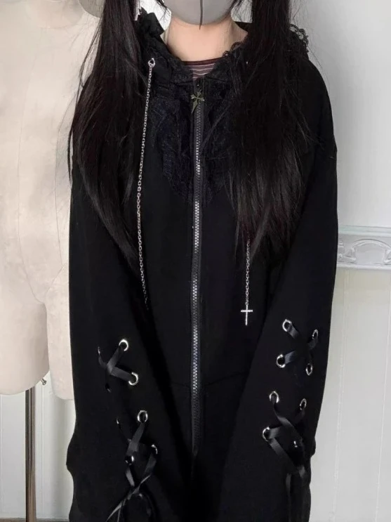 Kawaii آذان القط مقنعين هوديس غير رسمية النساء Y2k الجمالية الجرونج عادية ضمادة سستة البلوز اليابانية معطف الموضة الإناث