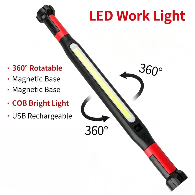 LED Magnetic Work Light Underhood Rechargeable 360° Rotating Base With Hooks torch Portable Car Repair Emergency Inspection Lamp
