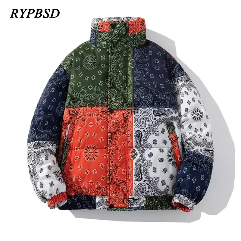 Winter Bandana Puffer Jacket Men Brand Thick Warm Casual Parka Loose Harajuku Fashion Zipper Paisley Windproof Bubble Coat Women