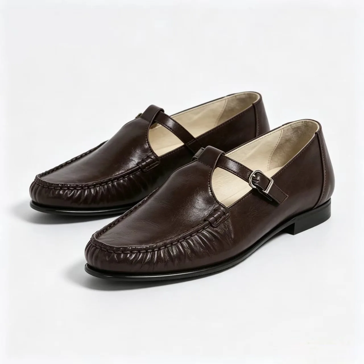Women's Dark Brown Soft Leather Round T-Strap Flat Loafers Ruched Toe Minimal Design Office Daily Ladies Casual Concise Shoes