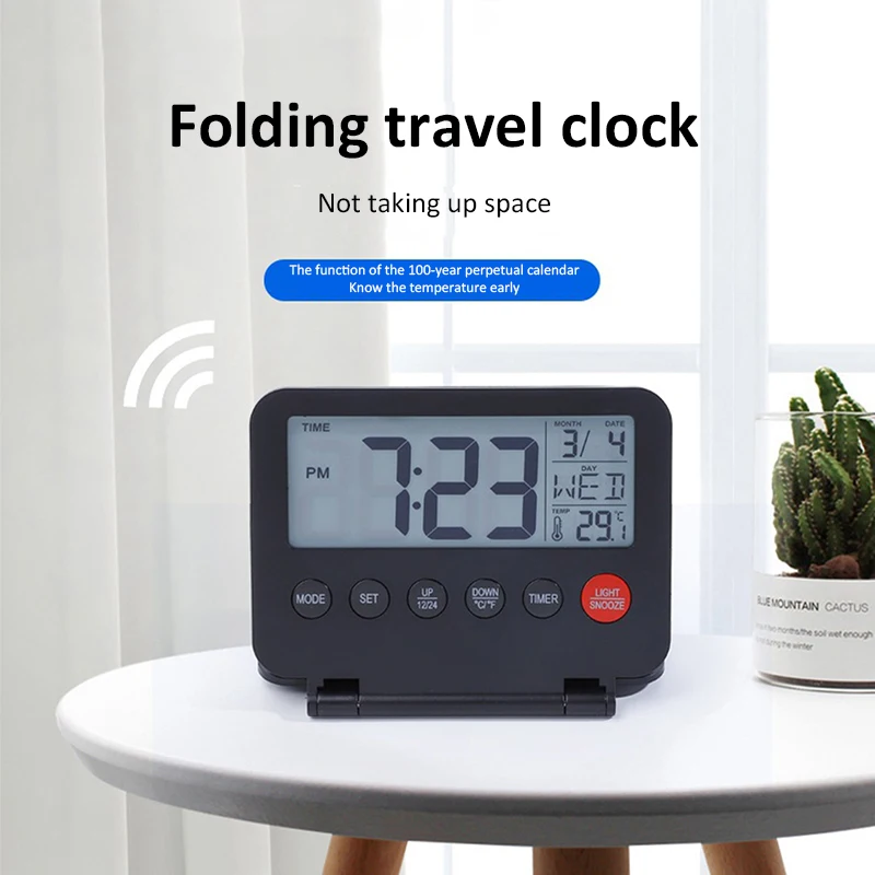 Travel Alarm Clock Ultra-thin Small Digital Clock Folding 2 PCS AAA Battery Operated Alarm with Calendar/Backlight/Temp/Snooze