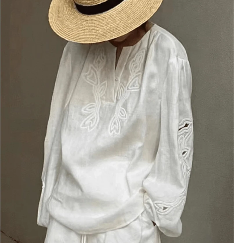 Camicia a maniche lunghe ricamata a maniche lunghe Wind, camicia da donna fresca e rilassata, la bella piccola camicia popolare di quest'anno