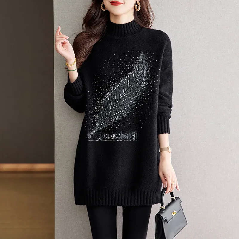 

Half-high Collar Letter Feather Diamond-Encrusted Sweater Skirt Women's Outer Wear Autumn Winter New Loose Mid-Length Base Shirt