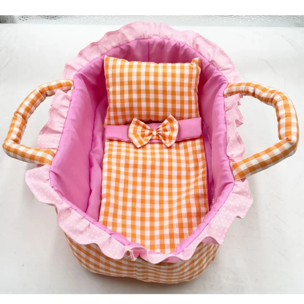 Hand-pull Design Doll Basket Soft Ruffled Design Dollhouse Accessories Pink Gingham Washable Material Pretend Play Toys view 2
