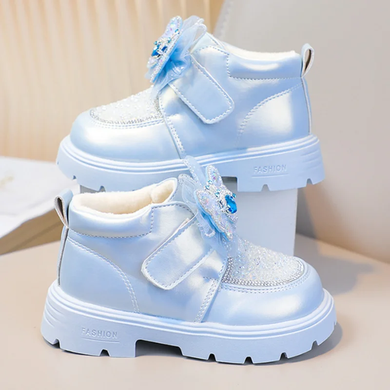 أطفال أحذية كاجوال حذاء من الجلد بولي Leather جلد كريستال الترتر أحذية الشتاء للفتيات الدافئة المضادة للانزلاق حذاء أسود بني حجم 26-36