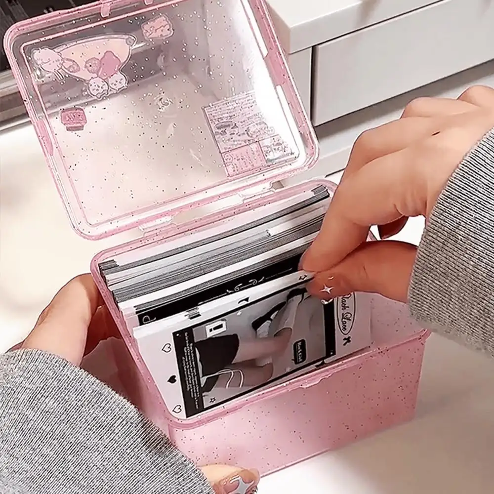 Transparent Glitter Plastic Storage Box Photocards Small Photo Card Box Desk Organizer Box Classification Flip Case Stationery