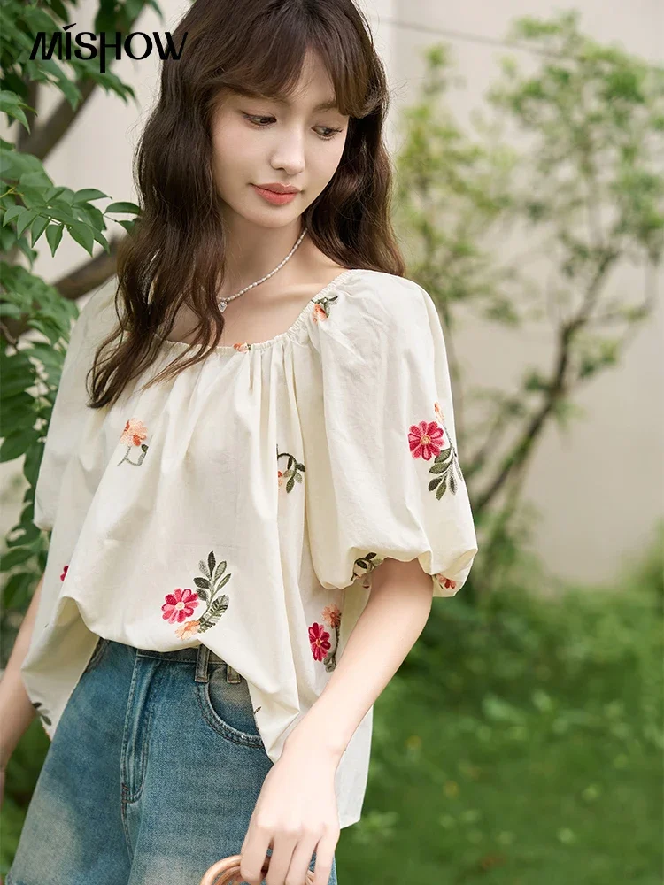 MISHOW Floral Embroidery Blouse for Women 2023 Summer  Korean Chic Puff Sleeve Square Collar Sweet Pullover Loose Top MXC38X0092