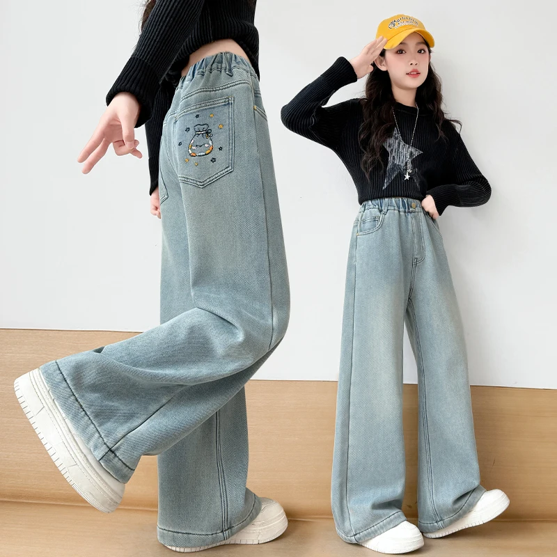 

Autumn Trousers for Kids Korean Style Winter Children Insulated Wide Leg Jeans for Girls Warm and Thick Fleece Denim Pants Teens