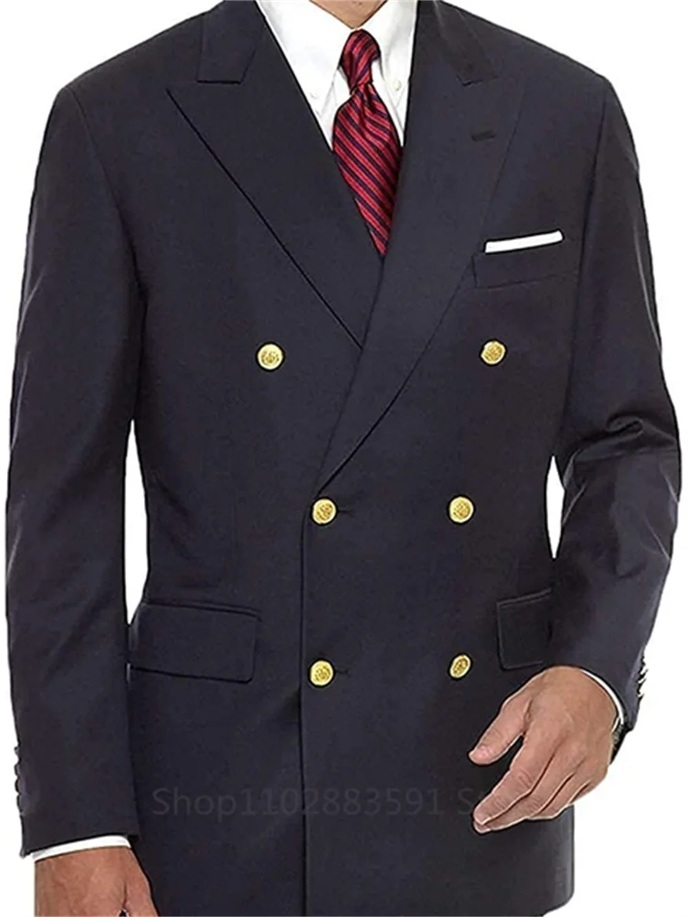 

1PiecesNavy Blue Wedding Blazer Men Gentleman Suit Jacket Gold Buttons Casual Slim Fit Double Breasted Business Male Only Blazer