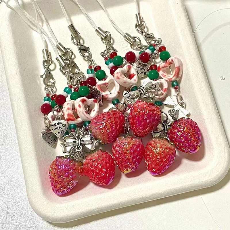 Sweet Cute Strawberry Phone Lanyard Girly Bow Heart Beaded Phone Chain Keychain Mobile Phone Strap Earphone Camera Charm